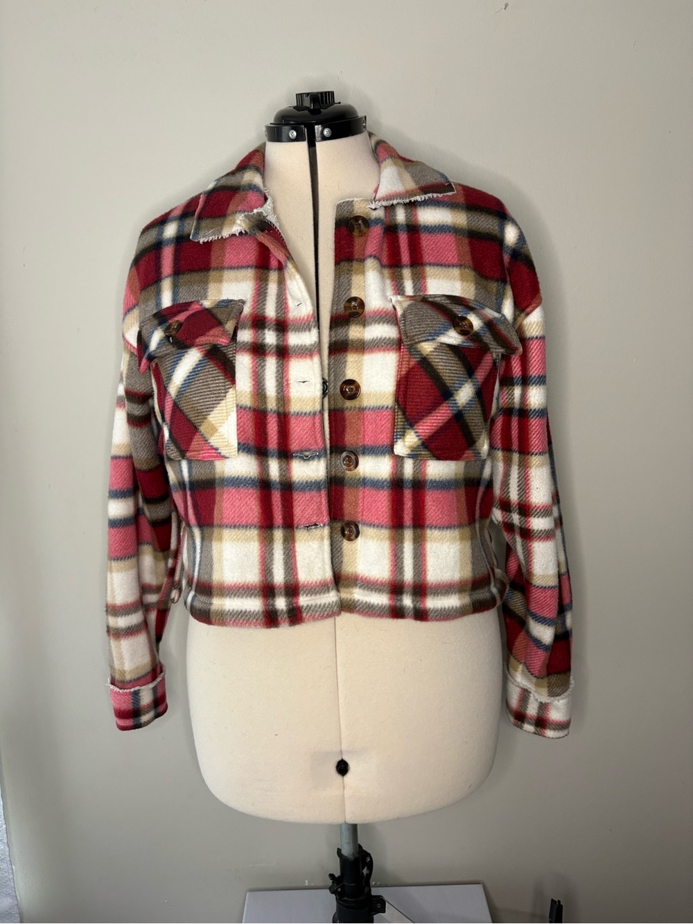 Plaid Button-Front Cropped Jacket - Red & Cream